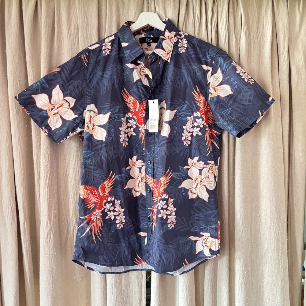 NWT Navy Tropical Parrot Floral Slim Fit Button Down Shirt Men's L Cruise Resort